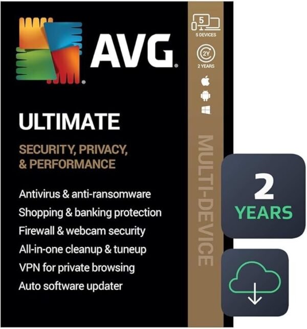 AVG Ultimate 2024 – Antivirus, VPN & Performance Cleaner | 5 Devices | 2 Year Subscription | PC/Mac/Android/iOS | Digital Download