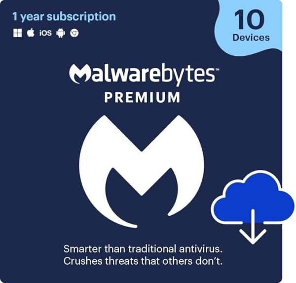 Malwarebytes Premium Antivirus | 10 Devices | 1 Year Subscription | Real-Time Protection for Windows, Mac, Android & iOS | Digital Download