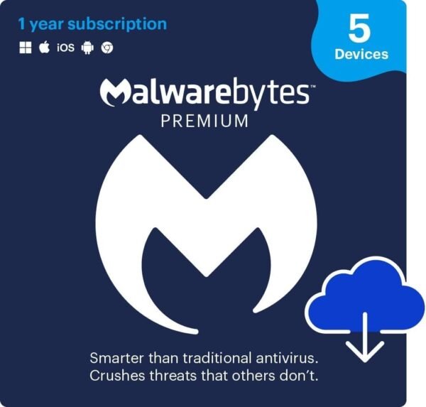 Malwarebytes Premium Antivirus | 5 Devices | 1 Year Subscription | Real-Time Protection for Windows, Mac, Android & iOS | Digital Download