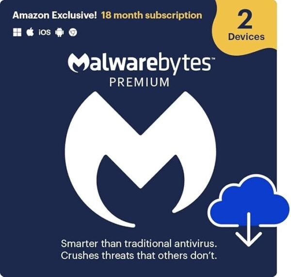 Malwarebytes Premium Antivirus | 2 Devices | 18 Months Subscription | Real-Time Protection for Windows, Mac, Android & iOS | Digital Download