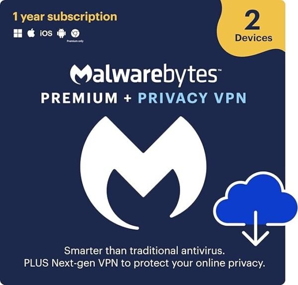 Malwarebytes Premium + Privacy VPN Bundle | 2 Devices | 1 Year Subscription | Antivirus & Secure VPN for Windows, Mac, Android & iOS | Digital Download