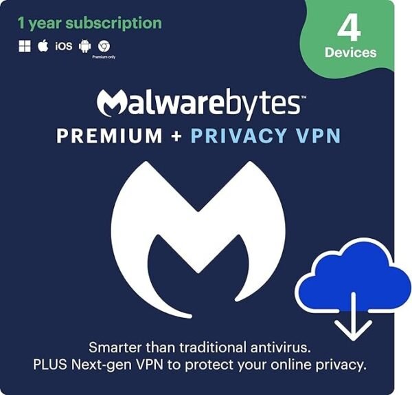 Malwarebytes Premium with Privacy VPN Bundle | 4 Devices | 1 Year Subscription | Antivirus + Secure VPN | Windows, Mac, Android, iOS | Digital Download