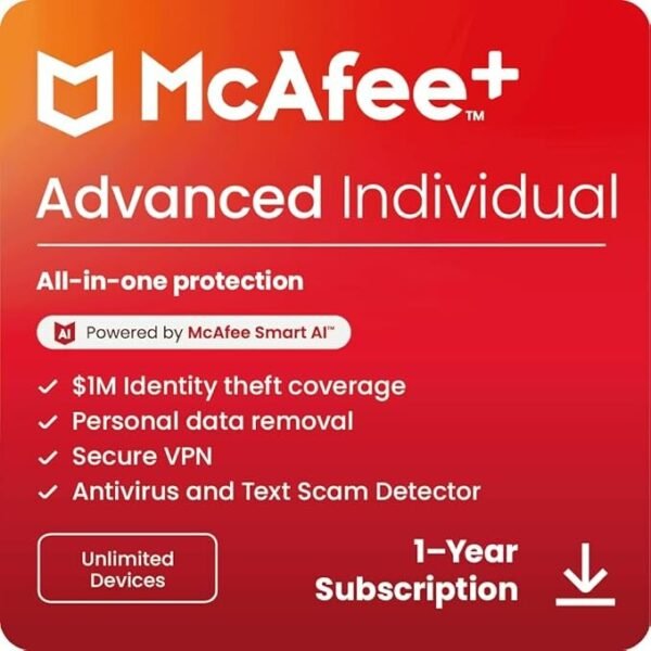 McAfee+ Advanced Individual 2025 – Unlimited Devices | Identity & Privacy Protection