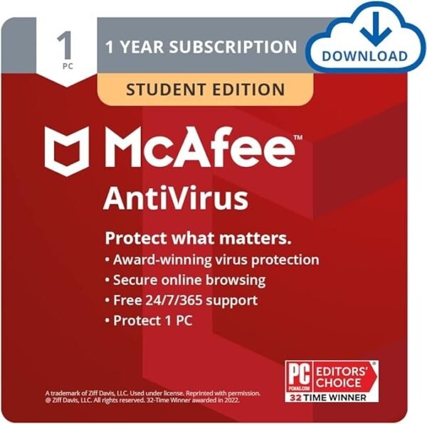McAfee AntiVirus Student Edition 2025 | 1 PC (Windows) | Real-Time Antivirus & Internet Security | 1 Year Subscription | Instant Download Code