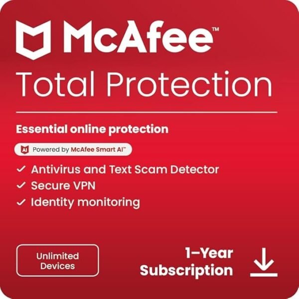 McAfee Total Protection Unlimited Devices 2025 – Antivirus + Secure VPN + Identity Monitoring