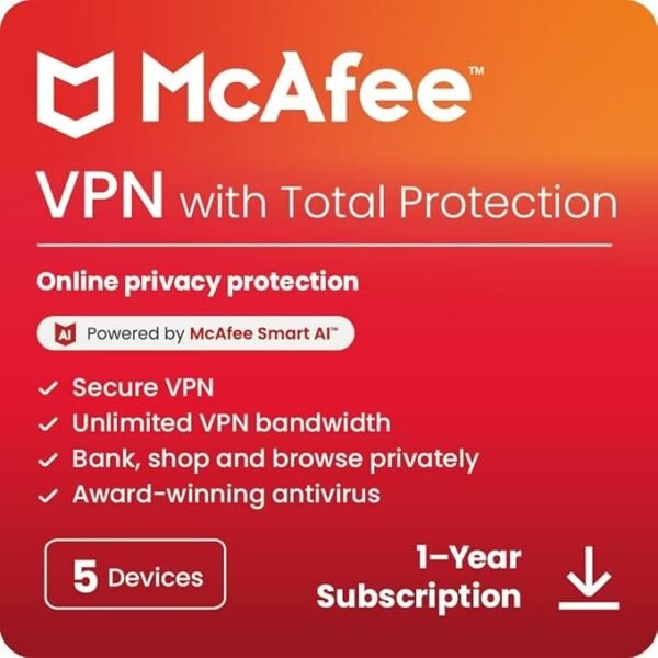 McAfee VPN with Total Protection 2025 – Secure VPN (5 Devices) + Antivirus for 10 Devices | 1-Year Subscription