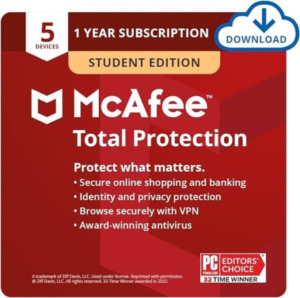 McAfee Total Protection Student Edition 2025 | 5 Devices | Antivirus, Secure VPN, Password Manager & Dark Web Monitoring | 1 Year Subscription | Digital Download