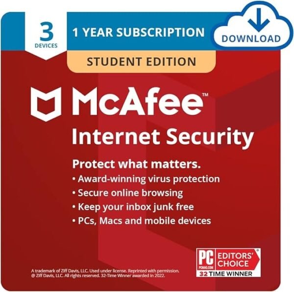 McAfee Internet Security Student Edition 2025 | 3 Devices | Antivirus with Password Manager | 1 Year Subscription | Windows/Mac/Android/iOS | Instant Download