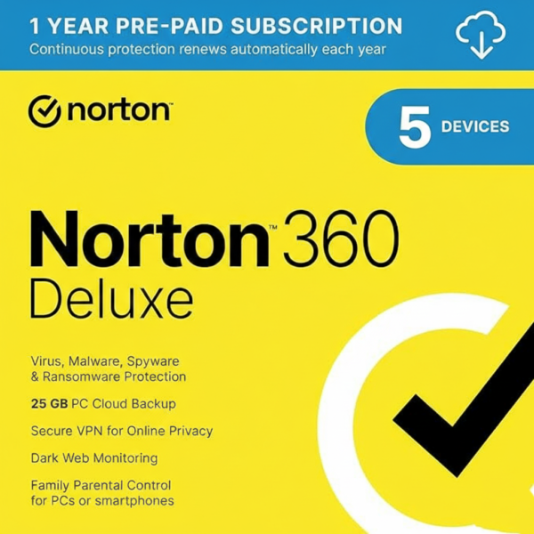 NortonLifeLock Norton 360 Deluxe 2025 – 1 Year / 5 Devices | Antivirus + VPN + 50GB Cloud Backup