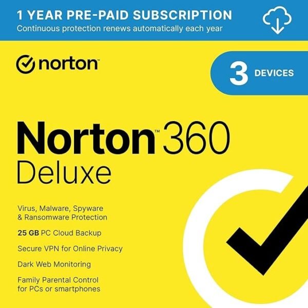NortonLifeLock Norton 360 Deluxe 2025 – 1 Year / 3 Devices | Antivirus + VPN + 25GB Cloud Backup