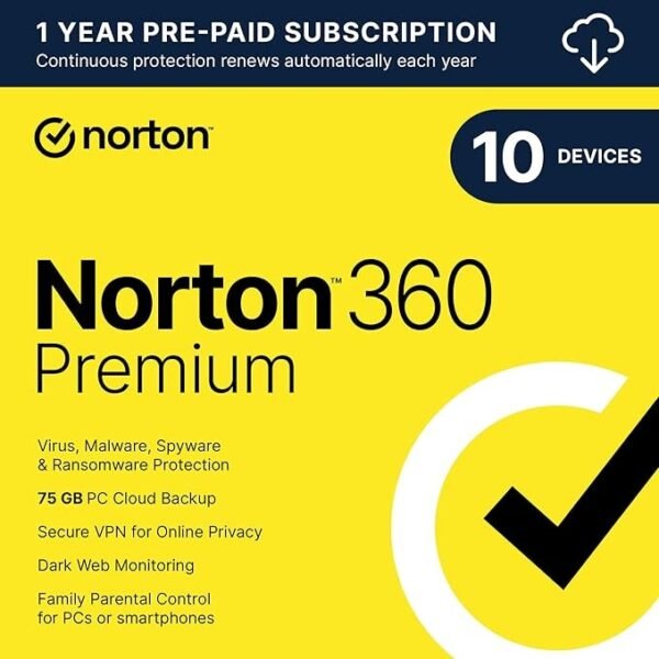 NortonLifeLock Norton 360 Premium 2025 – 1 Year / 10 Devices | Antivirus + VPN + 75GB Cloud Backup