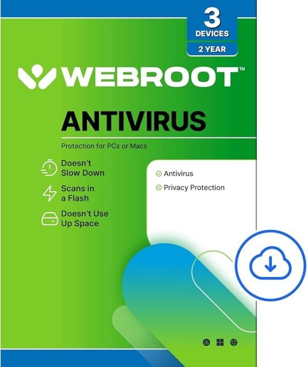 Webroot Antivirus Software 2025 | 3 Devices | 2 Year Subscription | Real-Time Malware & Phishing Protection for PC/Mac | Digital Download