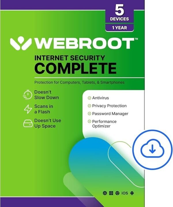 Webroot Internet Security Complete 2025 | 5 Devices | 1 Year Subscription | Antivirus, Password Manager, System Optimizer & 25GB Cloud Backup | PC/Mac/Chromebook/Android/iOS | Digital Download