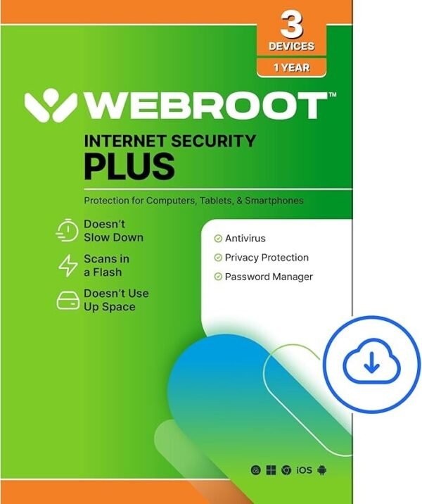 Webroot Internet Security Plus 2025 | Antivirus Software for 3 Devices | 1 Year Subscription | PC/Mac/Chromebook/Android/iOS | Includes Password Manager | Digital Download