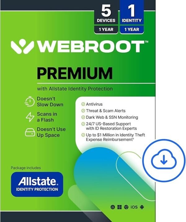Webroot Premium 2025 with Allstate Identity Protection | Antivirus & Internet Security for 5 Devices | 1 Year Subscription | Dark Web Monitoring & Password Manager | Digital Download